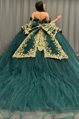 Ball Gown Off Shoulder Sleeveless Pleated Gold Sequins Beaded Crystal Glitter Dark Green Tulle Quinceanera Dress Closet Big Bow Knot Birthday Party Dress For Sweet 16
