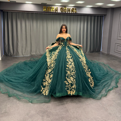 Ball Gown Off Shoulder Sleeveless Pleated Gold Sequins Beaded Crystal Glitter Dark Green Tulle Quinceanera Dress Closet Big Bow Knot Birthday Party Dress For Sweet 16