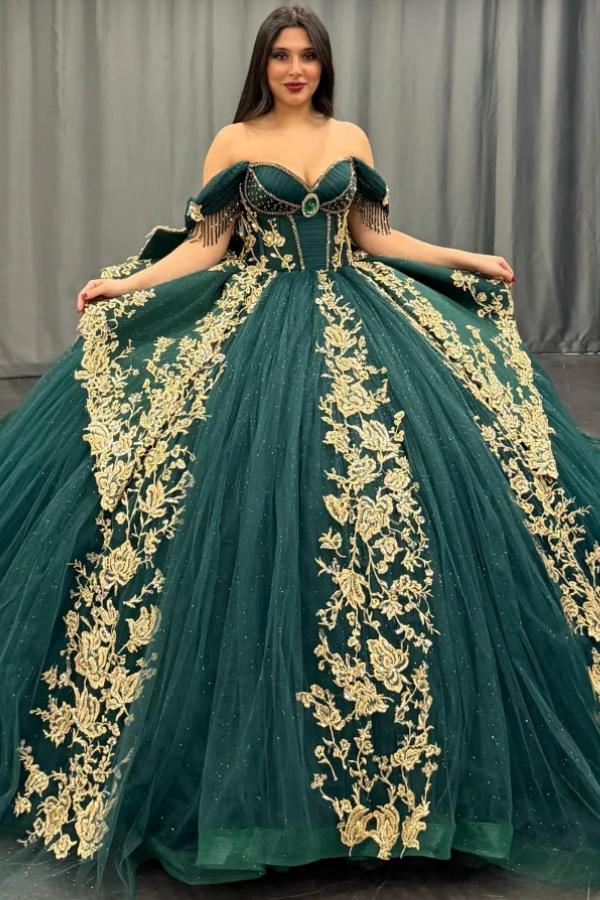 Dreamyannie UK Ball Gown Off Shoulder Sleeveless Pleated Gold Sequins  Beaded Crystal Glitter Dark Green Tulle Quinceanera Dress Closet Big Bow  Knot Birthday Party Dress For Sweet 16