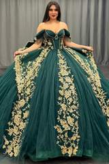 Ball Gown Off Shoulder Sleeveless Pleated Gold Sequins Beaded Crystal Glitter Dark Green Tulle Quinceanera Dress Closet Big Bow Knot Birthday Party Dress For Sweet 16