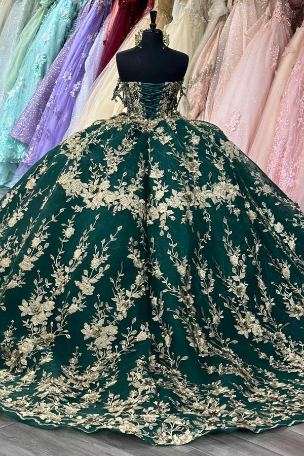 Ball Gown Off Shoulder Sleeveless Pleated Golf Sequins Appliques Dark Green Tulle Quinceanera Dress Birthday Party Dress Formal Evening Gown
