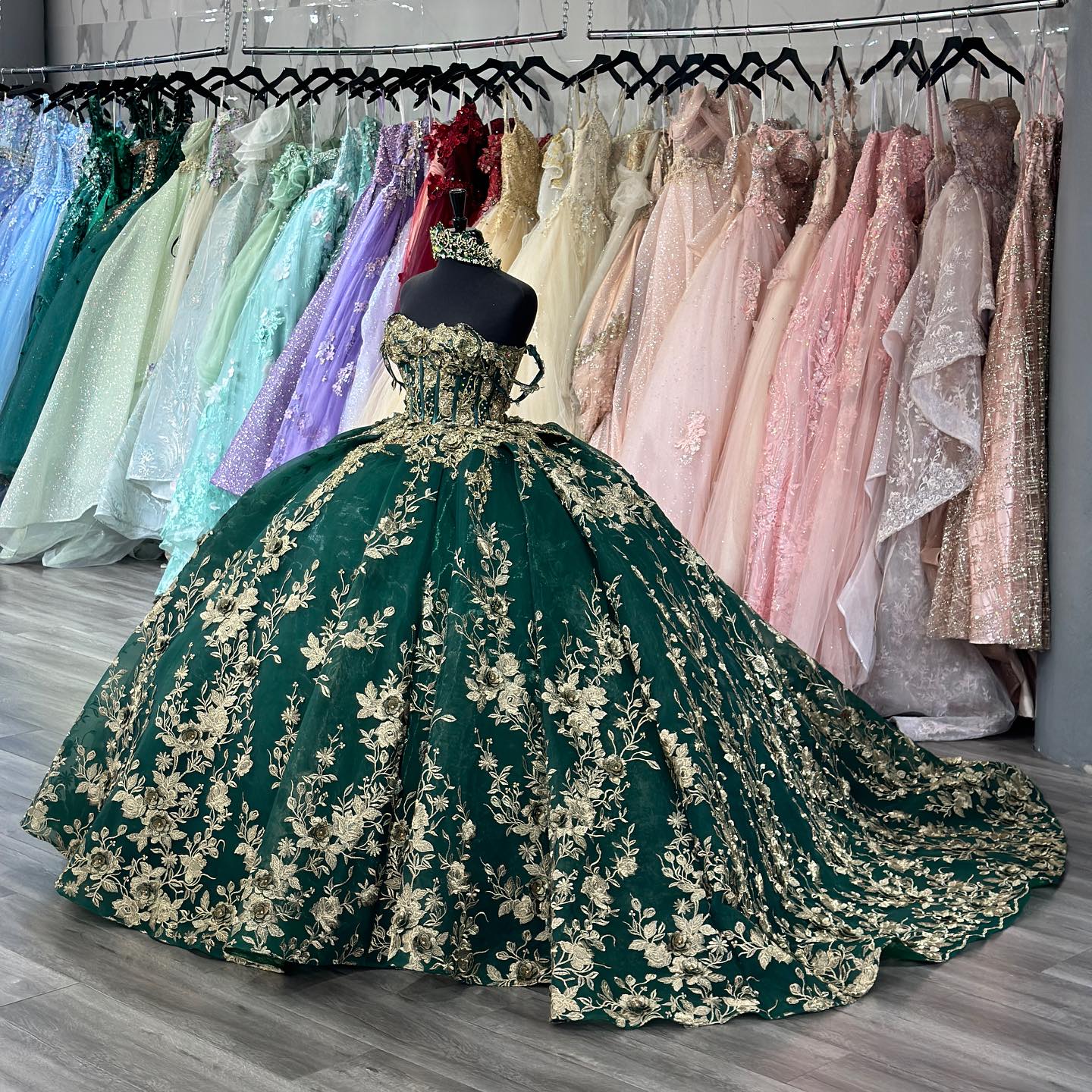 Ball Gown Off Shoulder Sleeveless Pleated Golf Sequins Appliques Dark Green Tulle Quinceanera Dress Birthday Party Dress Formal Evening Gown