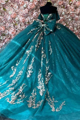 Ball Gown Off Shoulder Sleeveless Pleated Sequins Gold Appliques Bow Knot Sparkly Dark Green Tulle Quinceanera Dress Birthday Party Dress For Sweet 16