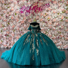 Ball Gown Off Shoulder Sleeveless Pleated Sequins Gold Appliques Bow Knot Sparkly Dark Green Tulle Quinceanera Dress Birthday Party Dress For Sweet 16