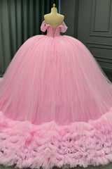 Ball Gown Off Shoulder Sleeveless Pleated Tulle Tiered Beaded Pink Tulle Quinceanera Dress Birthday Party Dress For Sweet 16