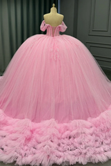 Ball Gown Off Shoulder Sleeveless Pleated Tulle Tiered Beaded Pink Tulle Quinceanera Dress Birthday Party Dress For Sweet 16