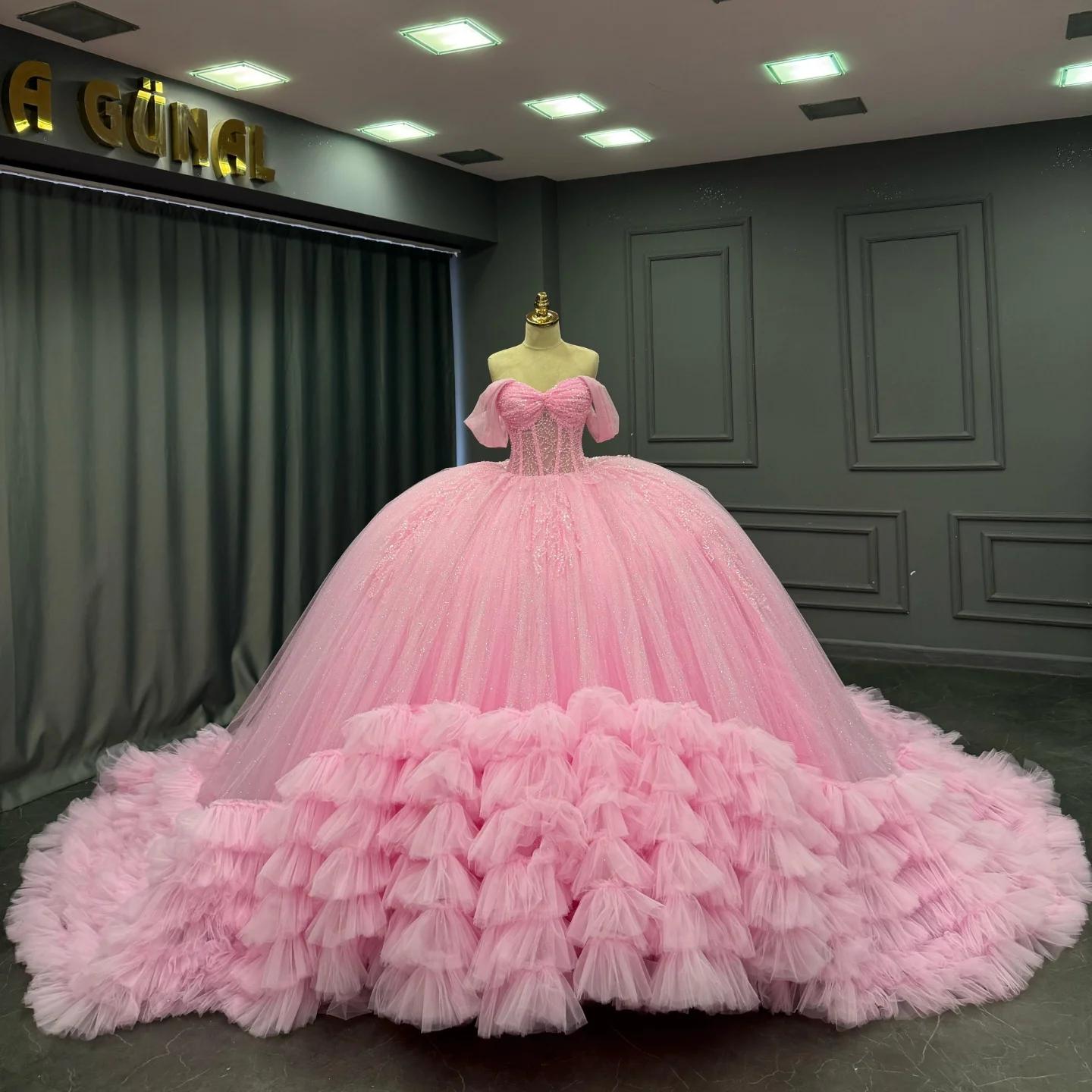Ball Gown Off Shoulder Sleeveless Pleated Tulle Tiered Beaded Pink Tulle Quinceanera Dress Birthday Party Dress For Sweet 16