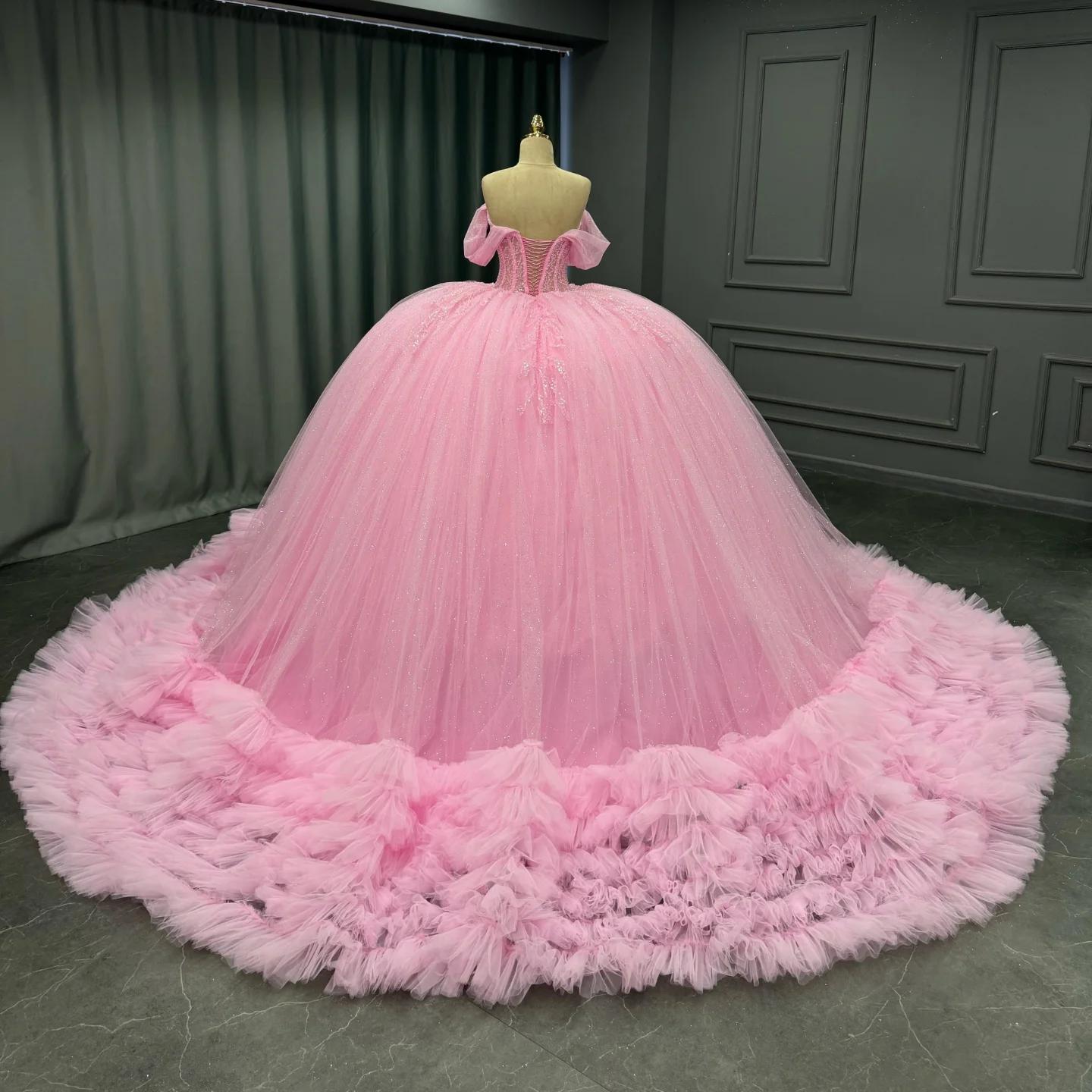 Ball Gown Off Shoulder Sleeveless Pleated Tulle Tiered Beaded Pink Tulle Quinceanera Dress Birthday Party Dress For Sweet 16