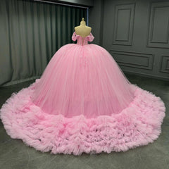 Ball Gown Off Shoulder Sleeveless Pleated Tulle Tiered Beaded Pink Tulle Quinceanera Dress Birthday Party Dress For Sweet 16