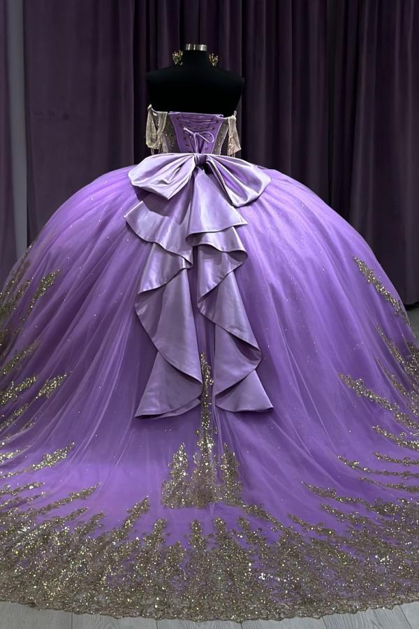 Ball Gown Off Shoulder Sleeveless Ruffles Beaded Gold Appliques Lavenda Tulle Quinceanera Dress Formal Evening Gown For Sweet 16