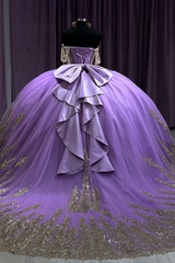 Ball Gown Off Shoulder Sleeveless Ruffles Beaded Gold Appliques Lavenda Tulle Quinceanera Dress Formal Evening Gown For Sweet 16