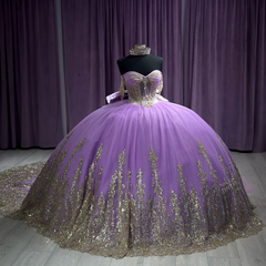 Ball Gown Off Shoulder Sleeveless Ruffles Beaded Gold Appliques Lavenda Tulle Quinceanera Dress Formal Evening Gown For Sweet 16