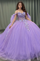 Ball Gown Off Shoulder Sleeveless Sequins 3D Flowers Appliques Pleated Glitter Purple Tulle Quinceanera Dress Birthday Party Dress For Sweet 16