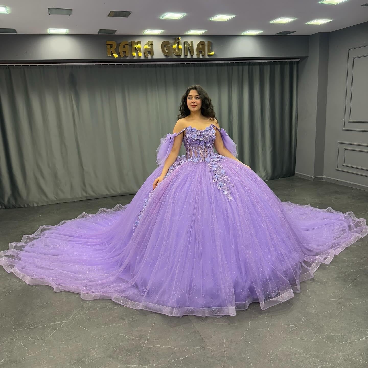 Ball Gown Off Shoulder Sleeveless Sequins 3D Flowers Appliques Pleated Glitter Purple Tulle Quinceanera Dress Birthday Party Dress For Sweet 16