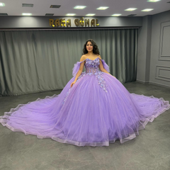 Ball Gown Off Shoulder Sleeveless Sequins 3D Flowers Appliques Pleated Glitter Purple Tulle Quinceanera Dress Birthday Party Dress For Sweet 16