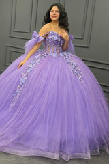 Ball Gown Off Shoulder Sleeveless Sequins 3D Flowers Appliques Pleated Glitter Purple Tulle Quinceanera Dress Birthday Party Dress For Sweet 16