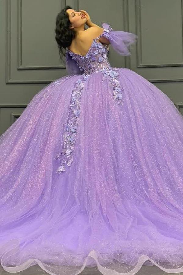 Ball Gown Off Shoulder Sleeveless Sequins 3D Flowers Appliques Pleated Glitter Purple Tulle Quinceanera Dress Birthday Party Dress For Sweet 16