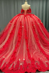 Ball Gown Off Shoulder Sleeveless Sequins Beaded 3D Flower Appliques Sparkly Red Tulle Quinceanera Dress Birthday Party Dress