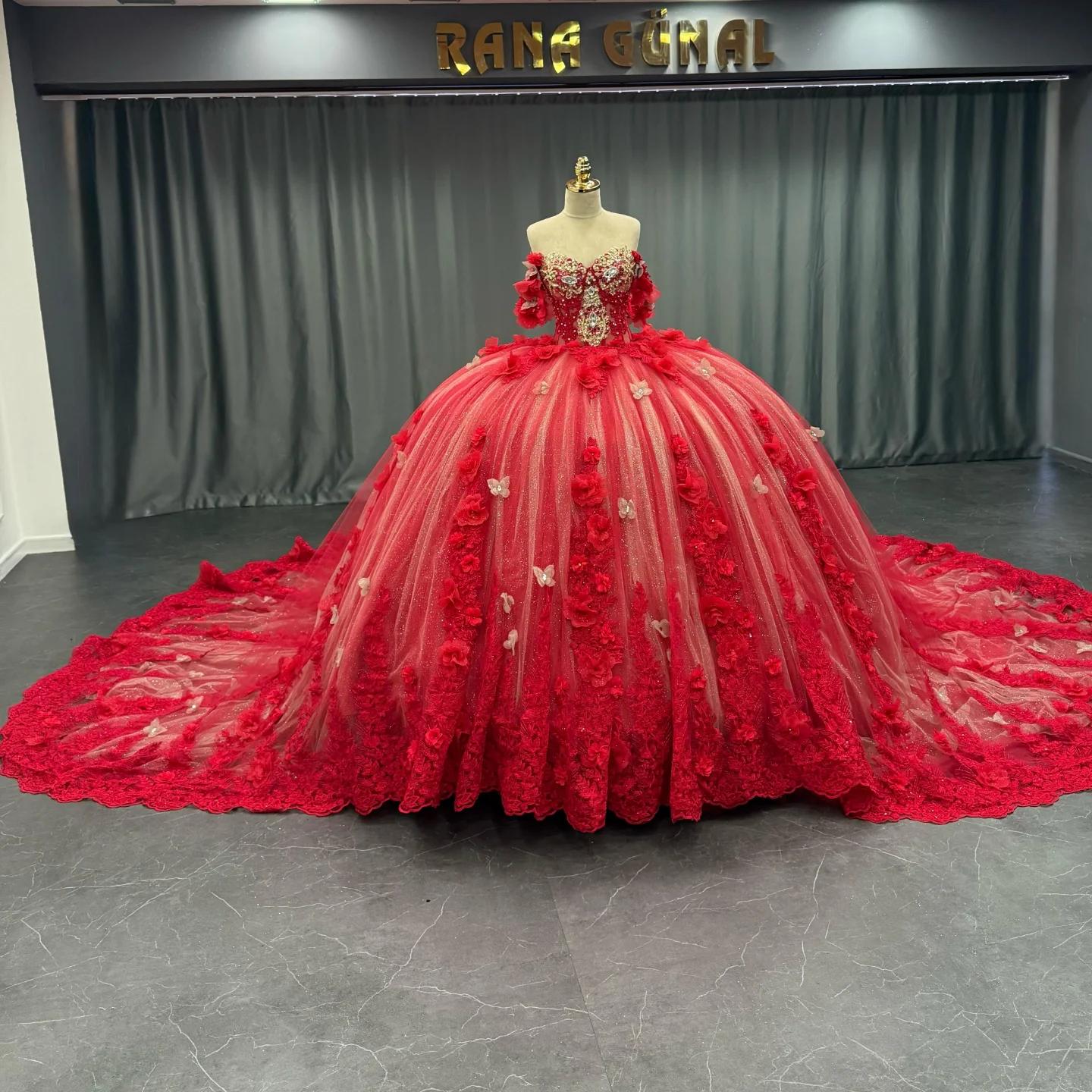 Ball Gown Off Shoulder Sleeveless Sequins Beaded 3D Flower Appliques Sparkly Red Tulle Quinceanera Dress Birthday Party Dress