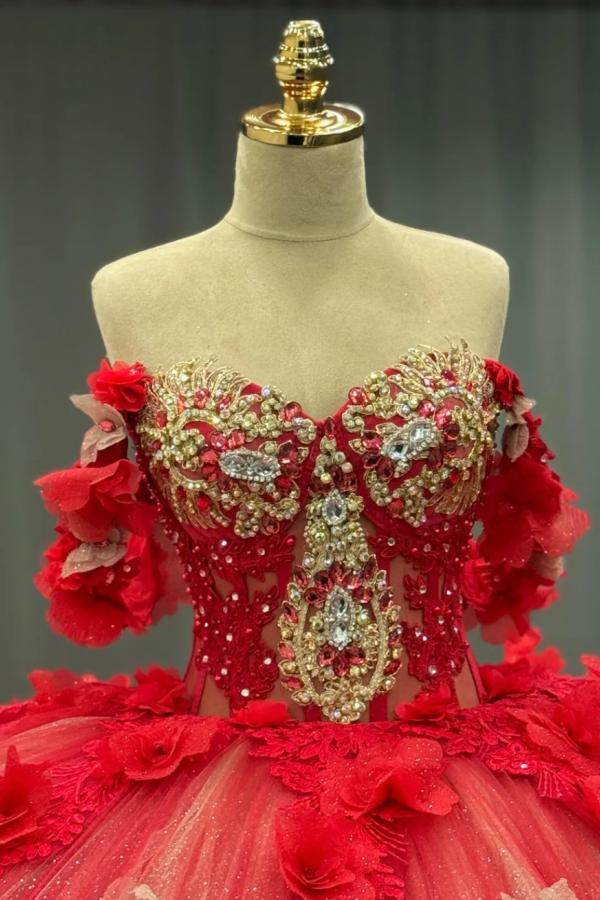 Ball Gown Off Shoulder Sleeveless Sequins Beaded 3D Flower Appliques Sparkly Red Tulle Quinceanera Dress Birthday Party Dress
