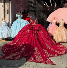 Ball Gown Off Shoulder Sleeveless Spaghetti Straps Beaded Crystal Gold Appliques Red Tulle Quinceanera Dress Birthday Party Gown