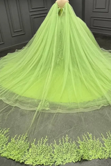 Ball Gown Off Shoulder Spaghetti Straps Sleeveless Pleated Beaded Appliques Backless Green Tulle Formal Evening Party Gown Quinceanera Dress For Sweet 16