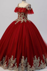 Ball Gown Off Shoulder Straps Sleeveless Gold Appliques Back Zipper Sparkly Burgundy Tulle Quinceanera Dress Formal Evening Gown For Sweet 16