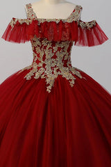 Ball Gown Off Shoulder Straps Sleeveless Gold Appliques Back Zipper Sparkly Burgundy Tulle Quinceanera Dress Formal Evening Gown For Sweet 16