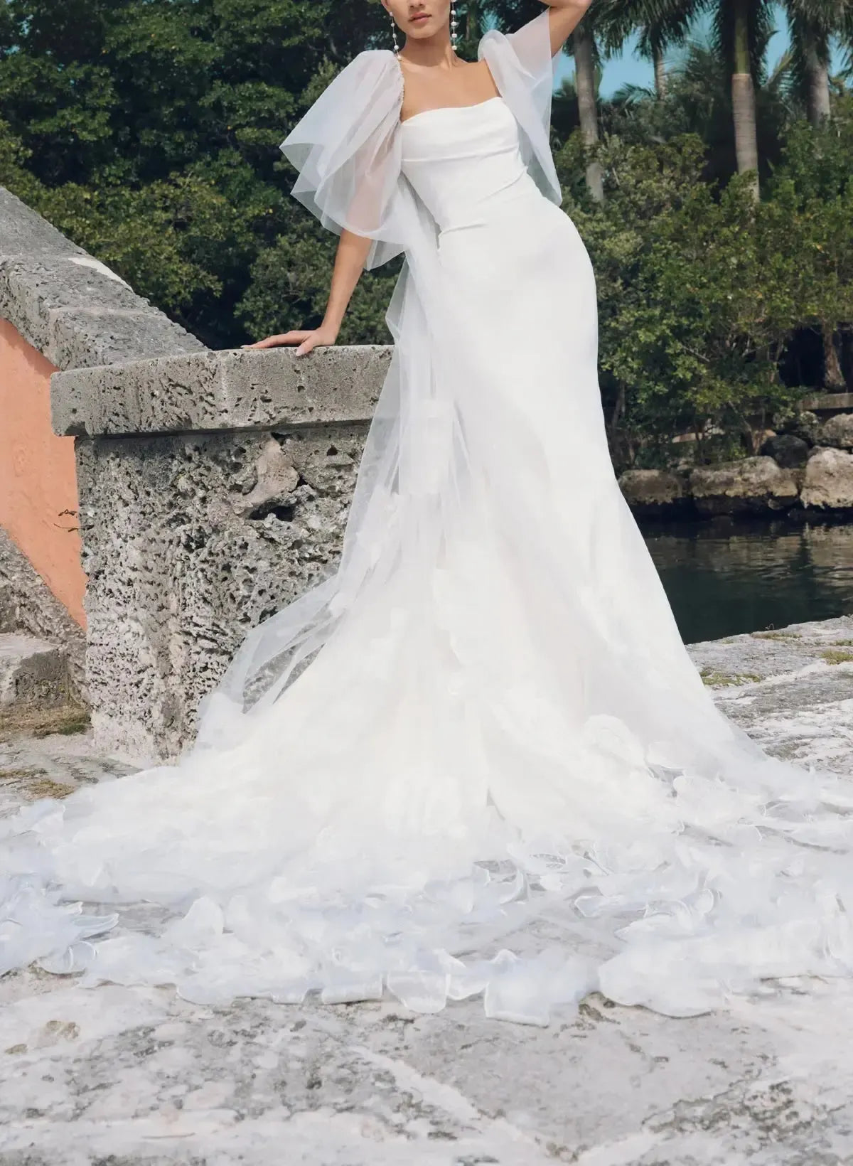 Ball Gown Off the Shoulder Cape Sleeves Chapel Train Crepe Satin Wedding Dress with Flower