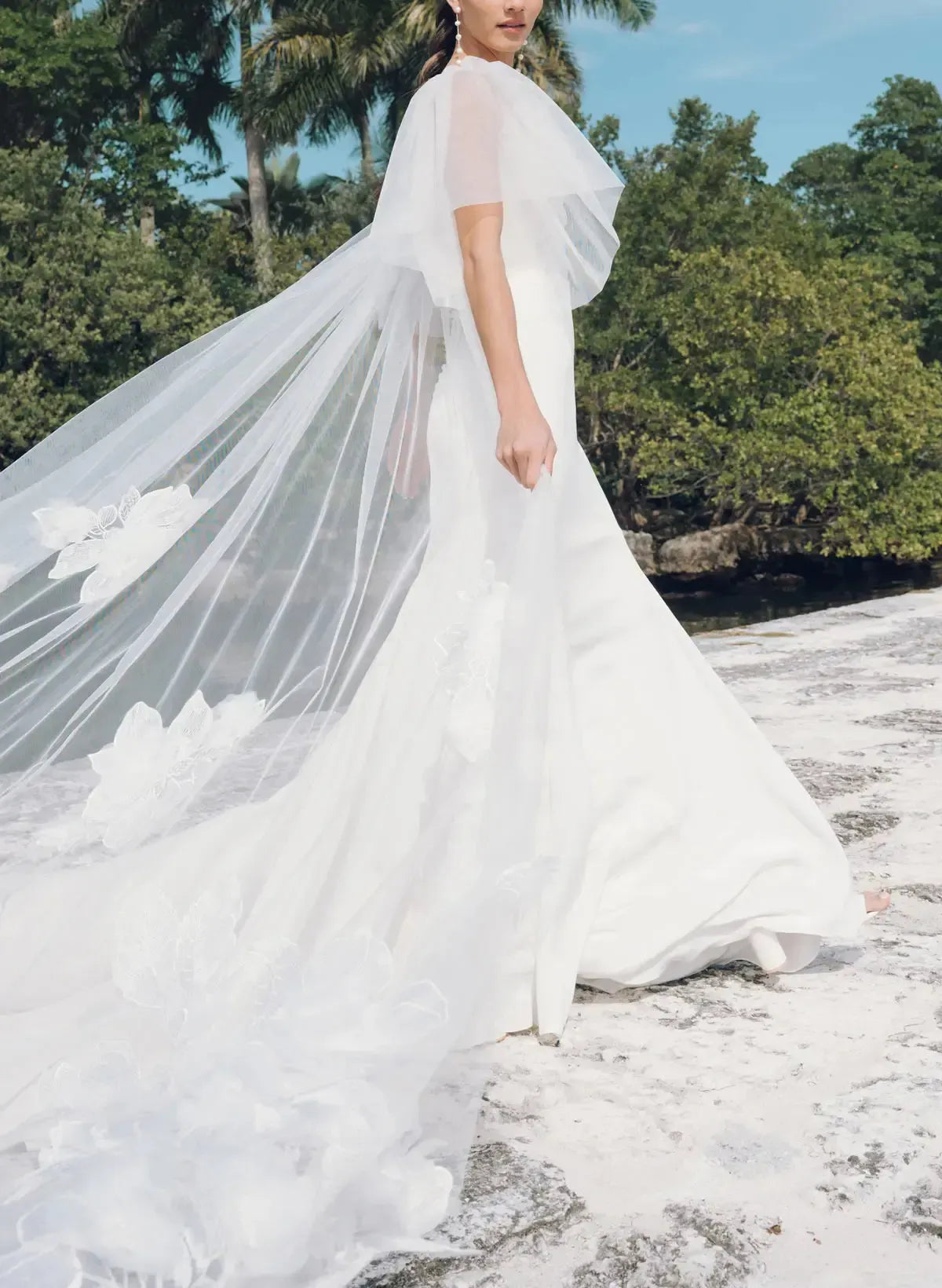 Ball Gown Off the Shoulder Cape Sleeves Chapel Train Crepe Satin Wedding Dress with Flower