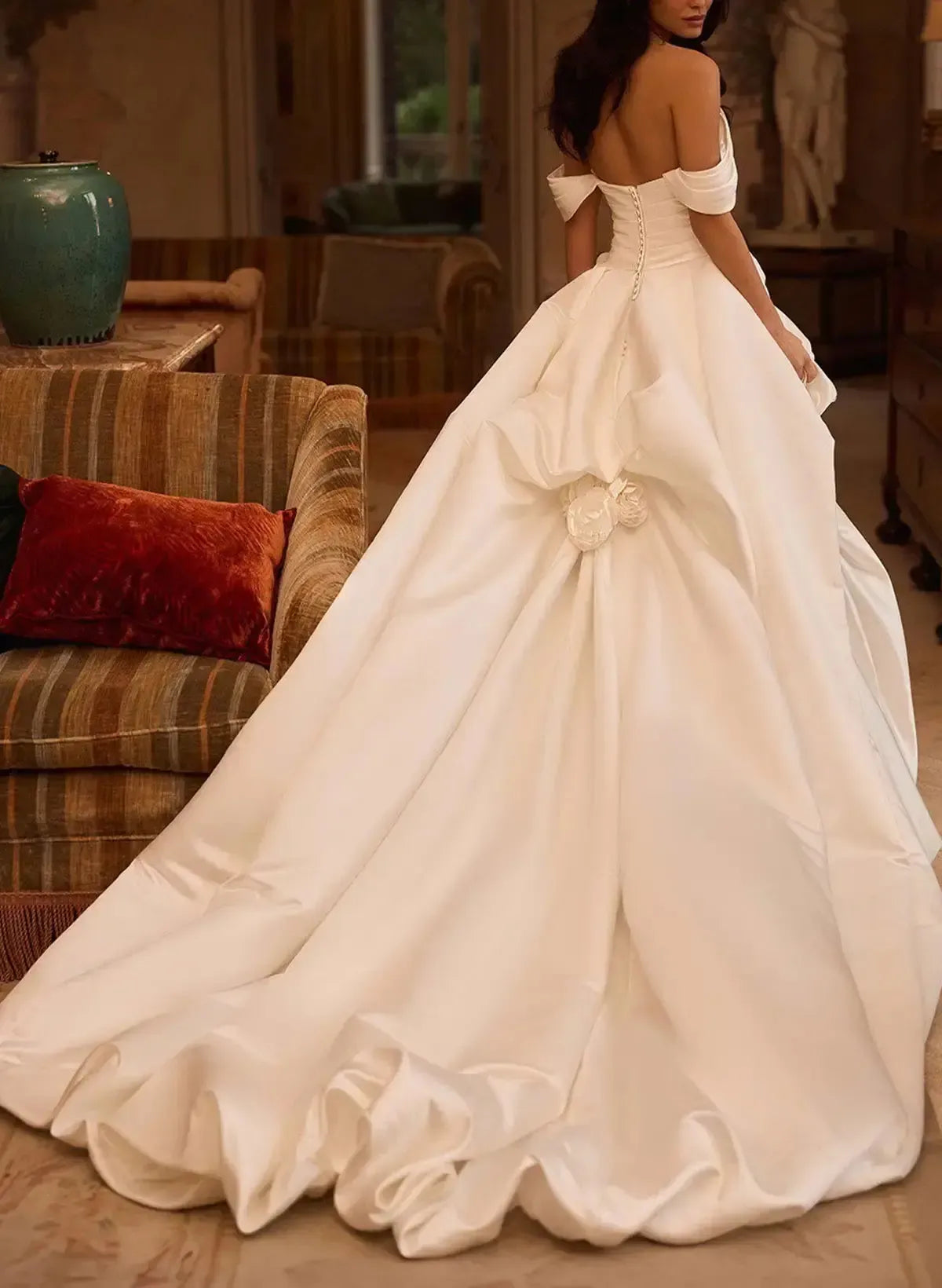 Ball Gown Off the Shoulder Sleeveless Cathedral Satin Wedding Dress with Flowers