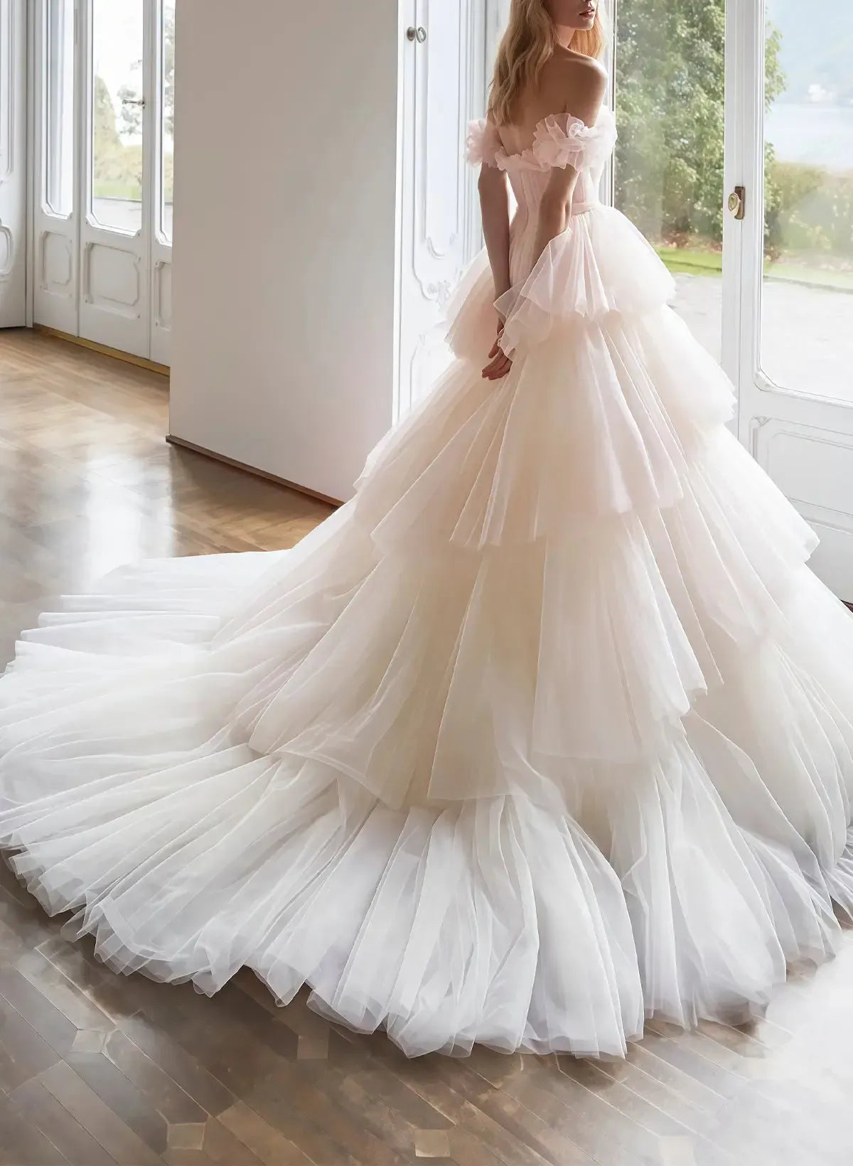 Ball Gown Off the Shoulder Sleeveless Chapel Train Satin Tulle Wedding Dress with Cascading Ruffles