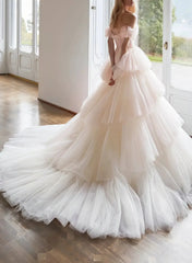 Ball Gown Off the Shoulder Sleeveless Chapel Train Satin Tulle Wedding Dress with Cascading Ruffles