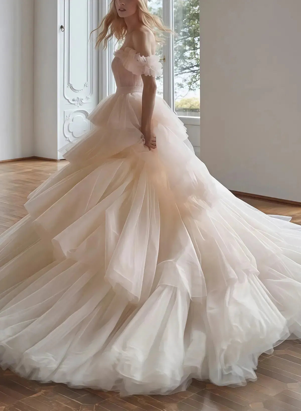 Ball Gown Off the Shoulder Sleeveless Chapel Train Satin Tulle Wedding Dress with Cascading Ruffles