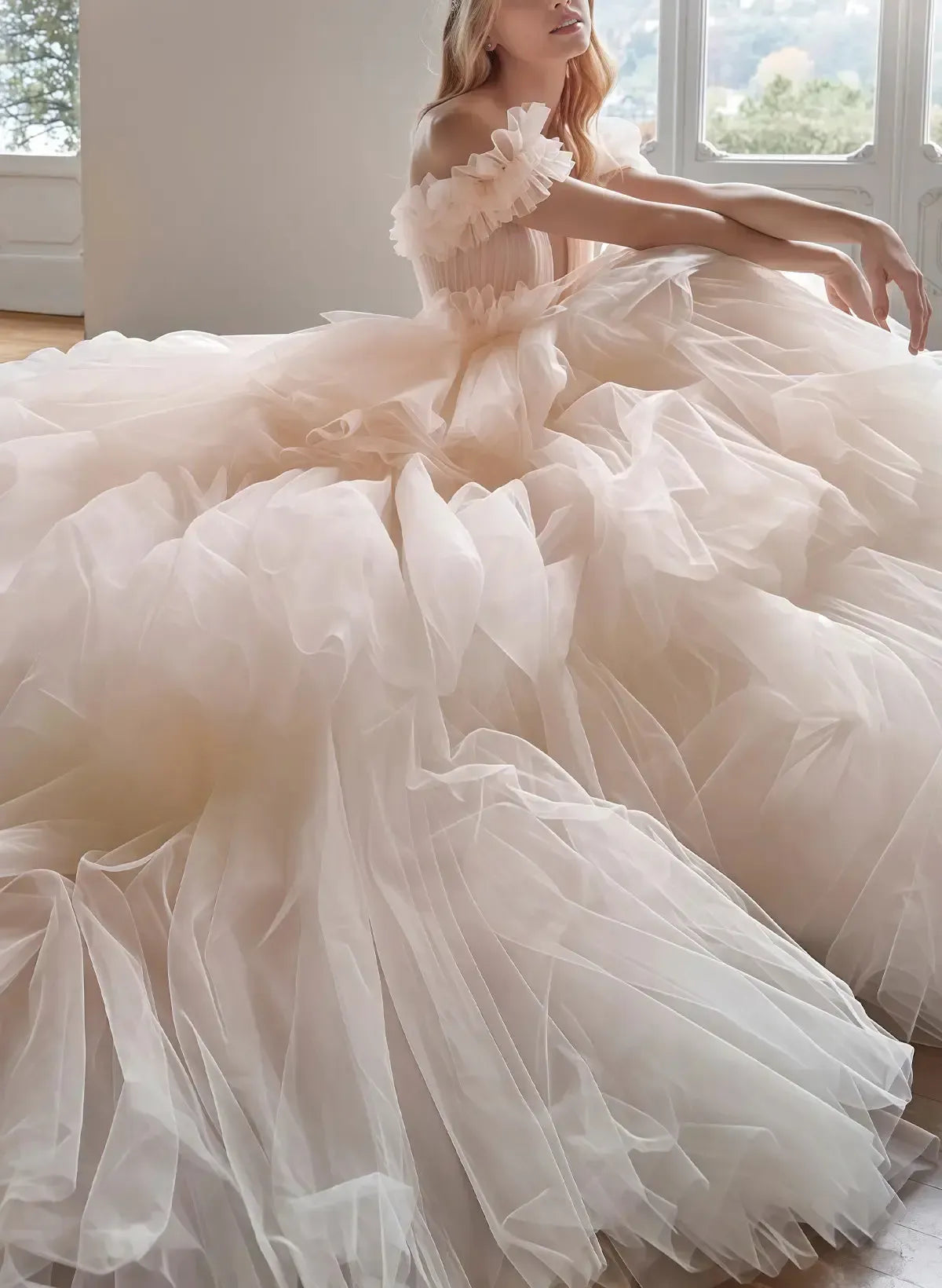Ball Gown Off the Shoulder Sleeveless Chapel Train Satin Tulle Wedding Dress with Cascading Ruffles