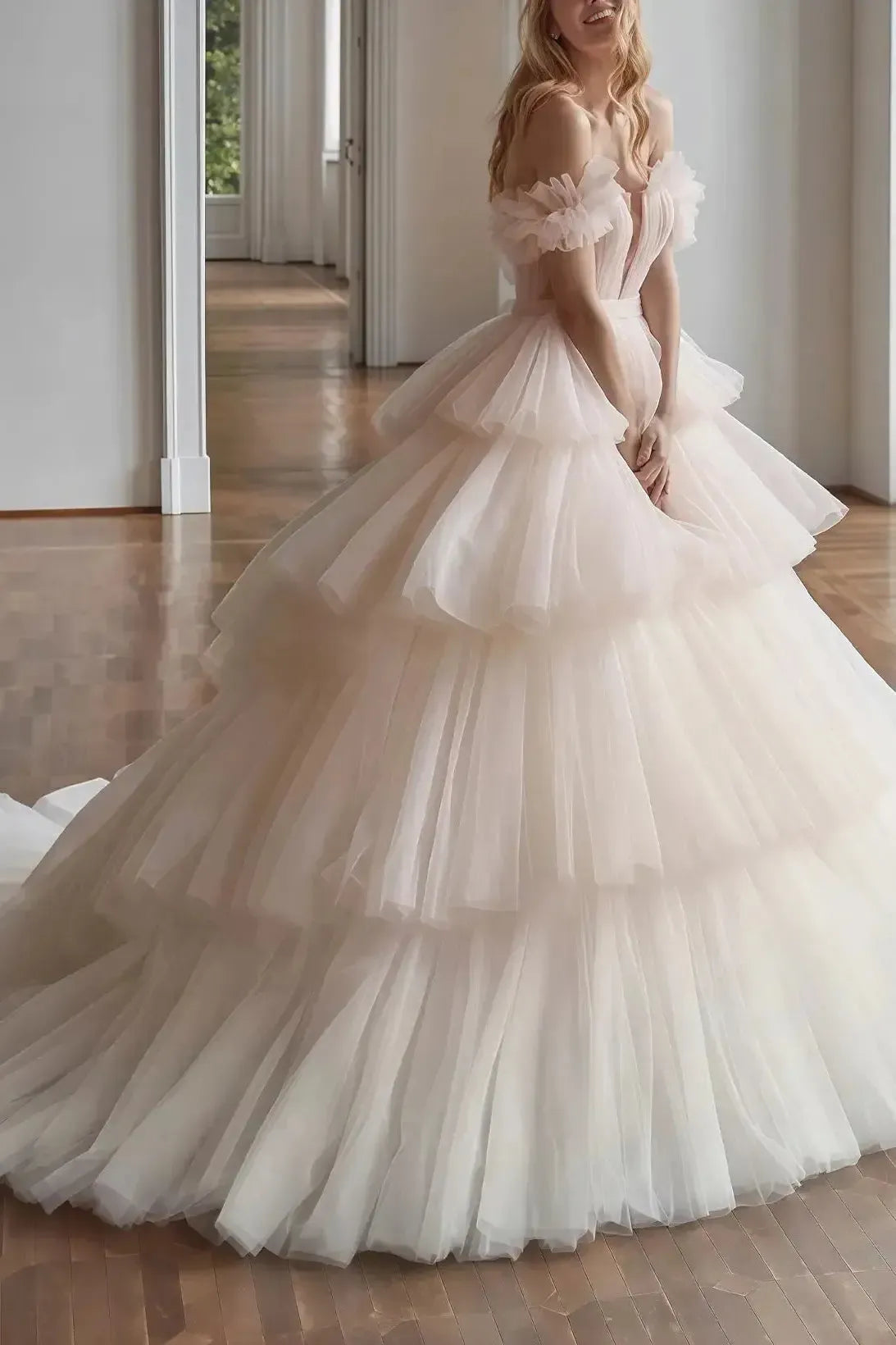 Ball Gown Off the Shoulder Sleeveless Chapel Train Satin Tulle Wedding Dress with Cascading Ruffles