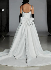 Ball Gown Off the Shoulder Sleeveless Chapel Train Satin Wedding Dress with Bow