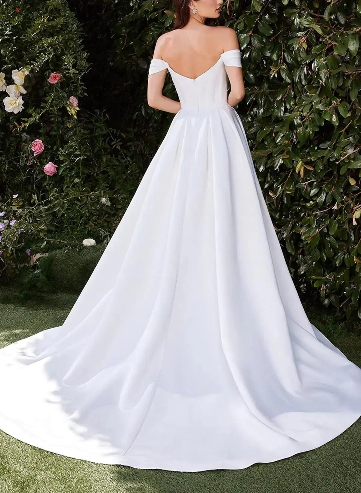 Ball Gown Off the Shoulder Sleeveless Court Train Matte Satin Wedding Dress with Pockets