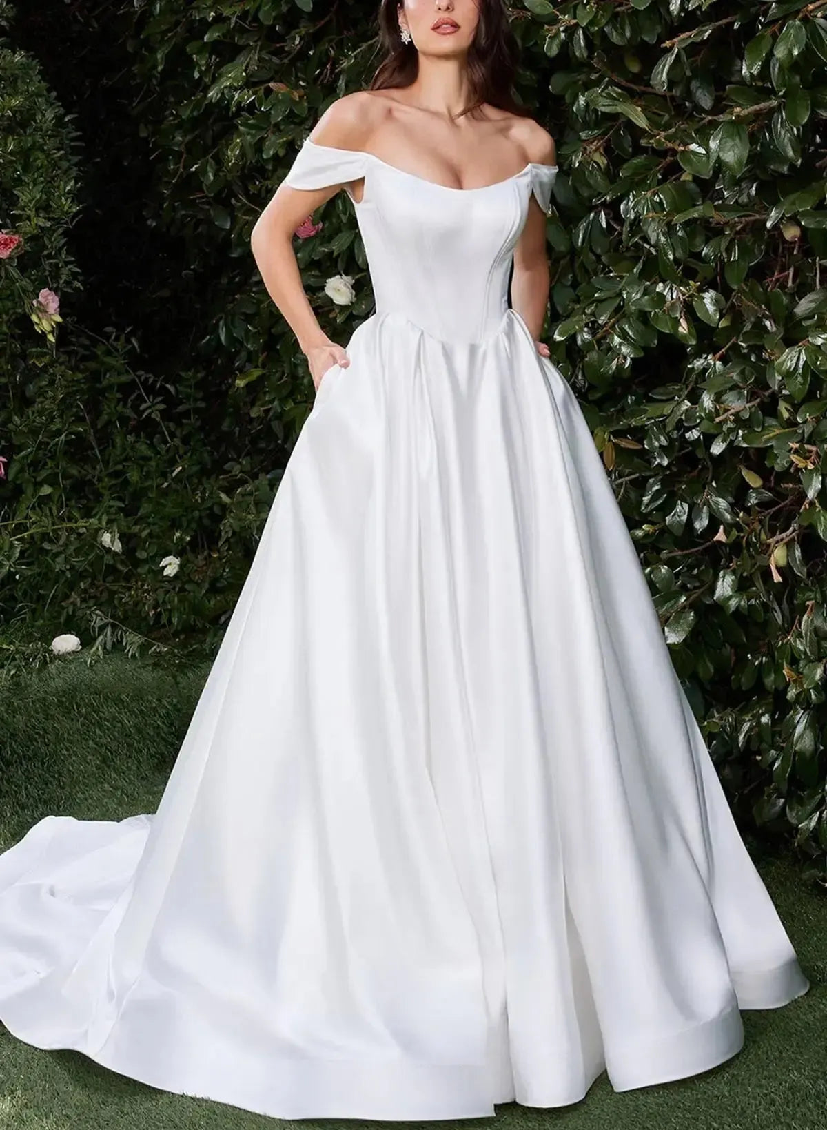 Ball Gown Off the Shoulder Sleeveless Court Train Matte Satin Wedding Dress with Pockets