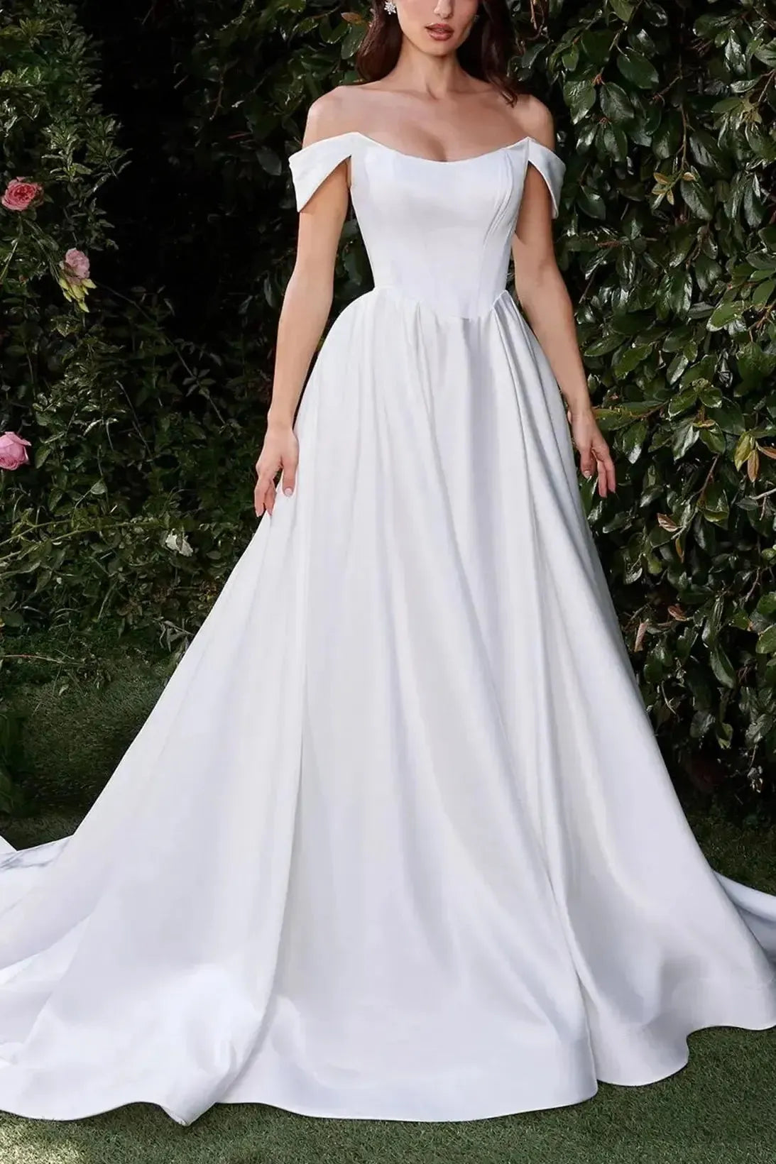 Ball Gown Off the Shoulder Sleeveless Court Train Matte Satin Wedding Dress with Pockets