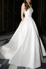 Ball Gown Off the Shoulder Sleeveless Court Train Satin Wedding Dress