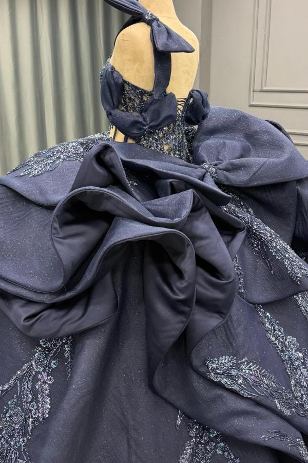 Ball Gown One Shoulder /Off Shoulder Sleeveless Beaded Appliques Ruffles Tiered Lace Up Sparkly Dark Navy Satin Quinceanera Dress Evening Formal Gown For Sweet 16