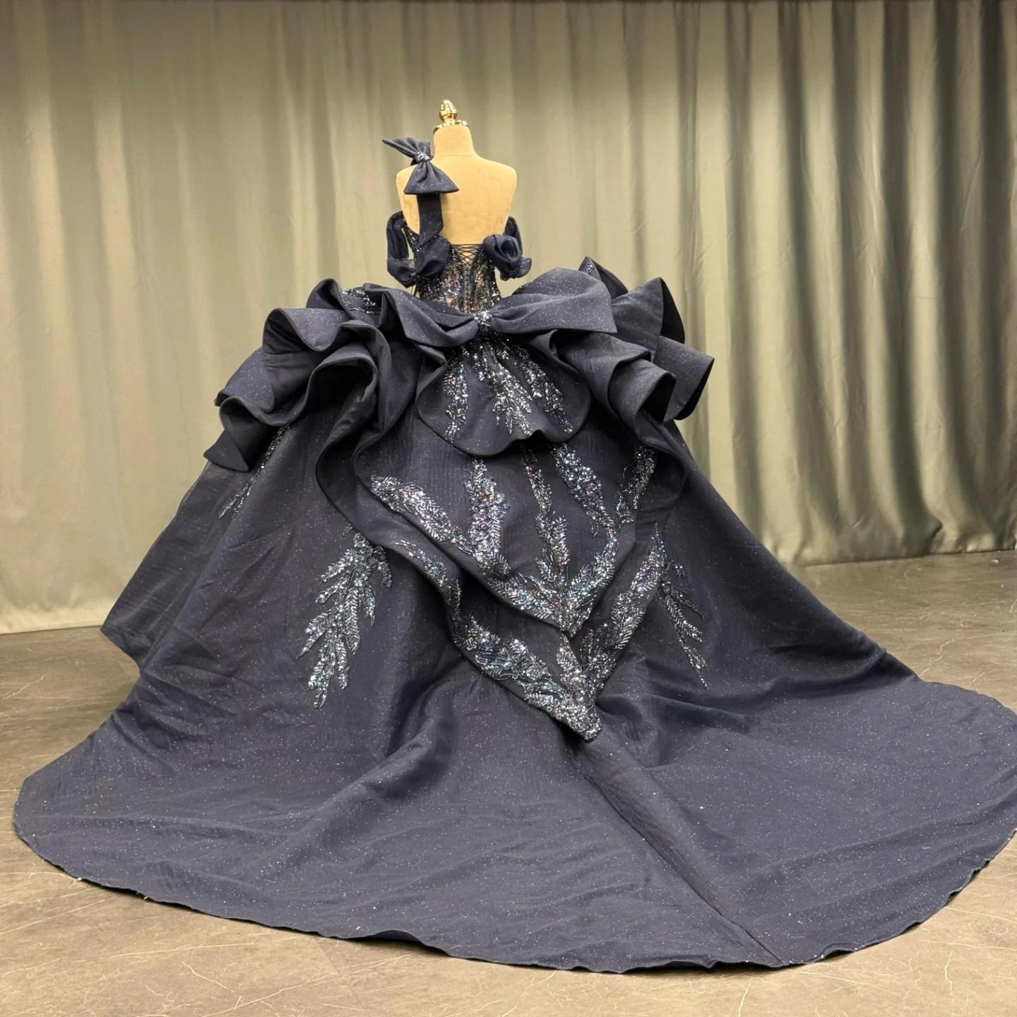 Ball Gown One Shoulder /Off Shoulder Sleeveless Beaded Appliques Ruffles Tiered Lace Up Sparkly Dark Navy Satin Quinceanera Dress Evening Formal Gown For Sweet 16