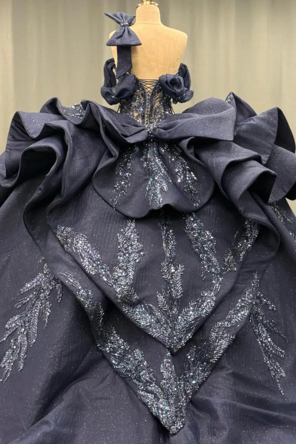 Ball Gown One Shoulder /Off Shoulder Sleeveless Beaded Appliques Ruffles Tiered Lace Up Sparkly Dark Navy Satin Quinceanera Dress Evening Formal Gown For Sweet 16