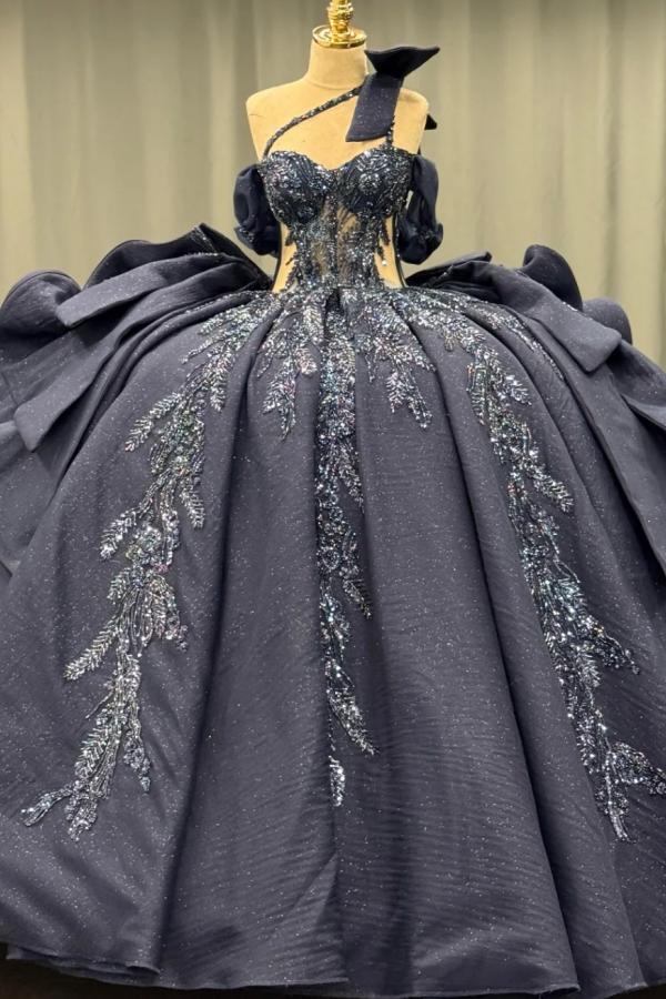Ball Gown One Shoulder /Off Shoulder Sleeveless Beaded Appliques Ruffles Tiered Lace Up Sparkly Dark Navy Satin Quinceanera Dress Evening Formal Gown For Sweet 16