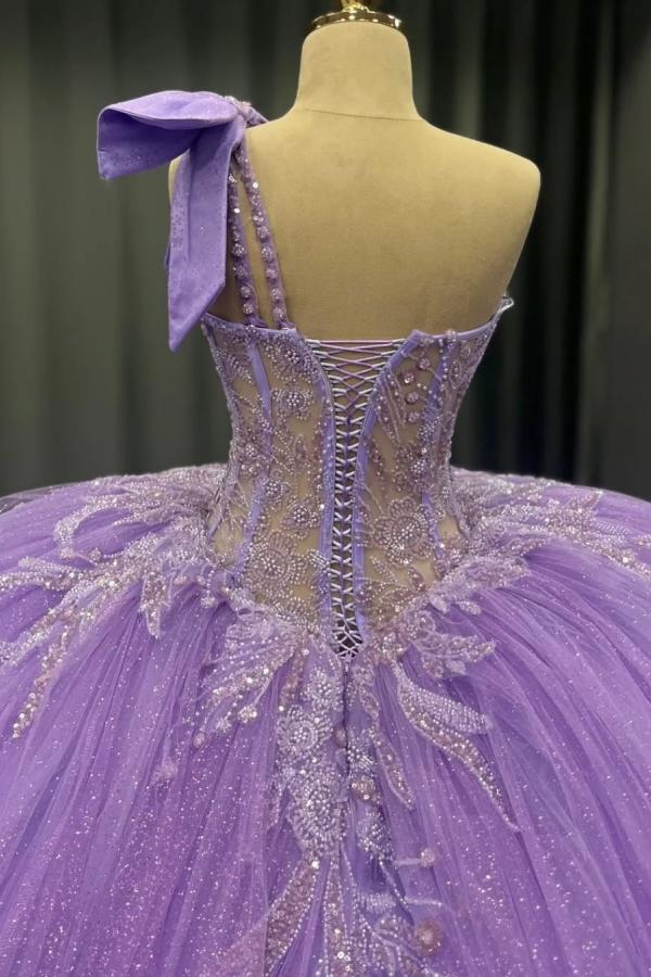 Ball Gown One Shoulder Sleeveless Beaded Sequins Appliques Ruffles Lilac Tulle Quinceanera Dress Evening Party Gown For Sweet 16