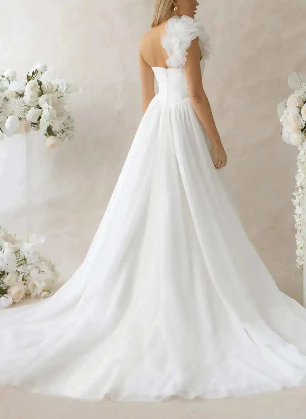 Ball Gown One Shoulder Sleeveless Chapel Train Chiffon Wedding Dress with Pockets