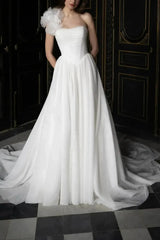 Ball Gown One Shoulder Sleeveless Chapel Train Chiffon Wedding Dress with Pockets