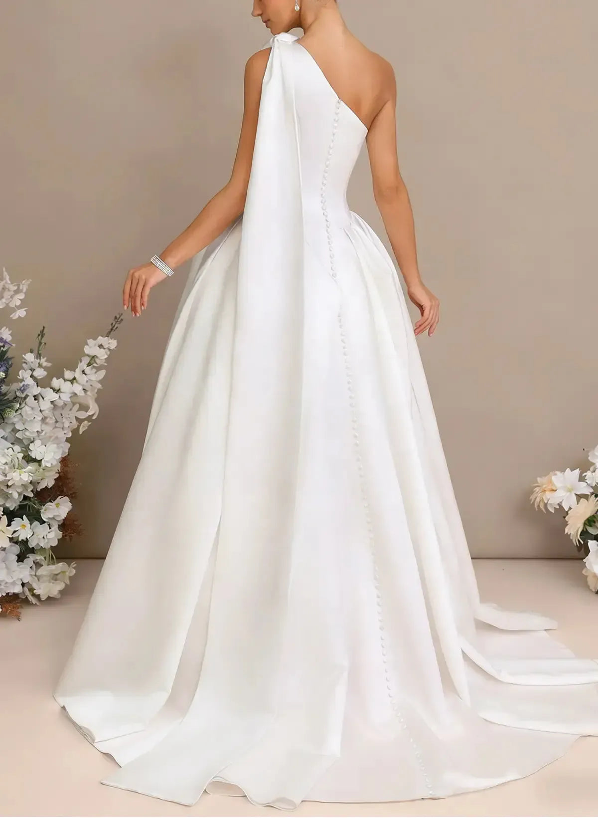 Ball Gown One Shoulder Sleeveless Chapel Train Satin Wedding Dress with Bow