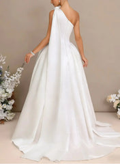 Ball Gown One Shoulder Sleeveless Chapel Train Satin Wedding Dress with Bow